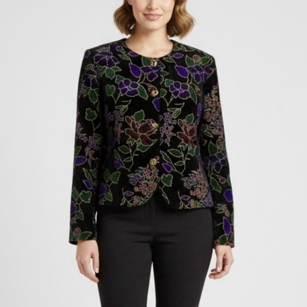 Vintage Black Gold‎ Metallic Velvet Colorful Floral Evening Blazer Size SMALL